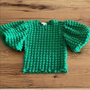 Green Textured Puff Sleeve Top